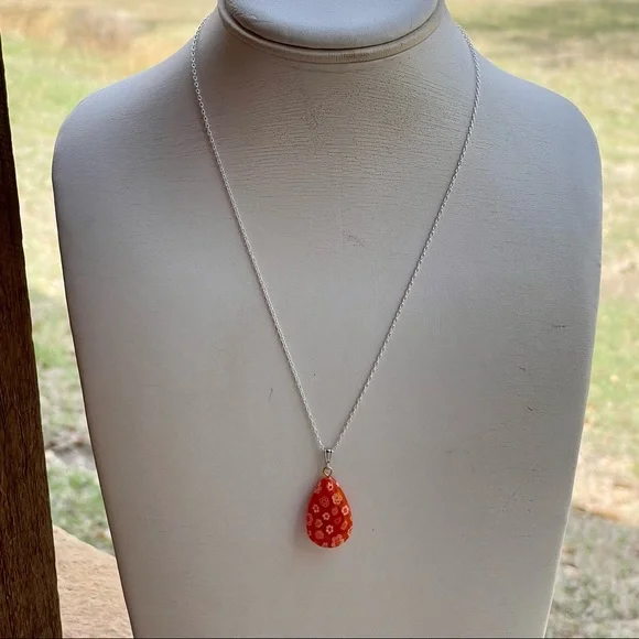 Orange & white Murano glass millefiori teardrop charm 925 sterling silver chain - Picture 3 of 7